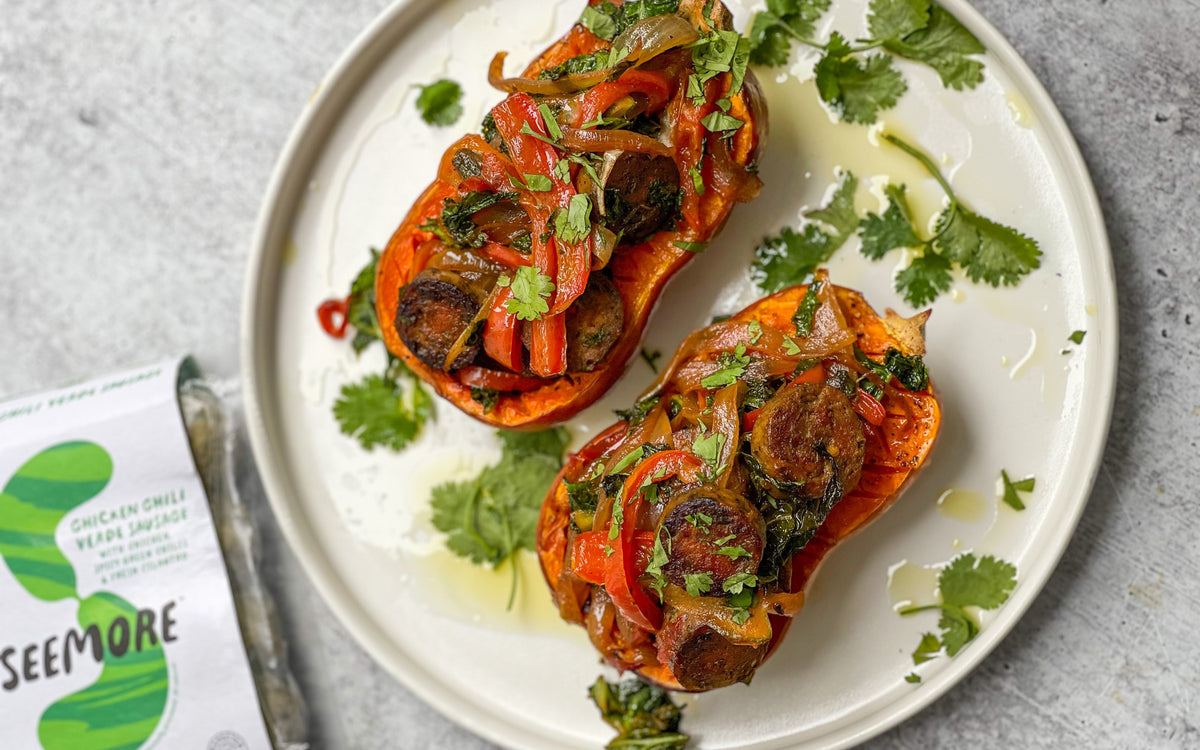 Chicken Chili Verde Stuffed Squash with Dijon Kale