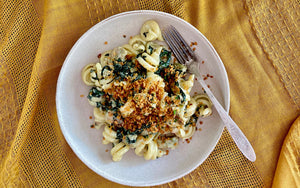 Creamy Chicken Kale Pesto Sausage Pasta with Lemony Toasted Breadcrumbs
