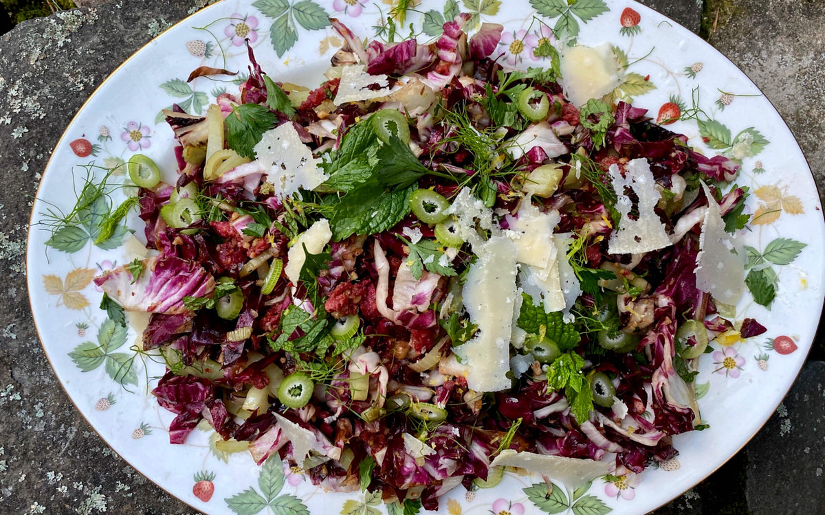 Grilled Radicchio and Fennel Salad with Sausage Walnut Crumble